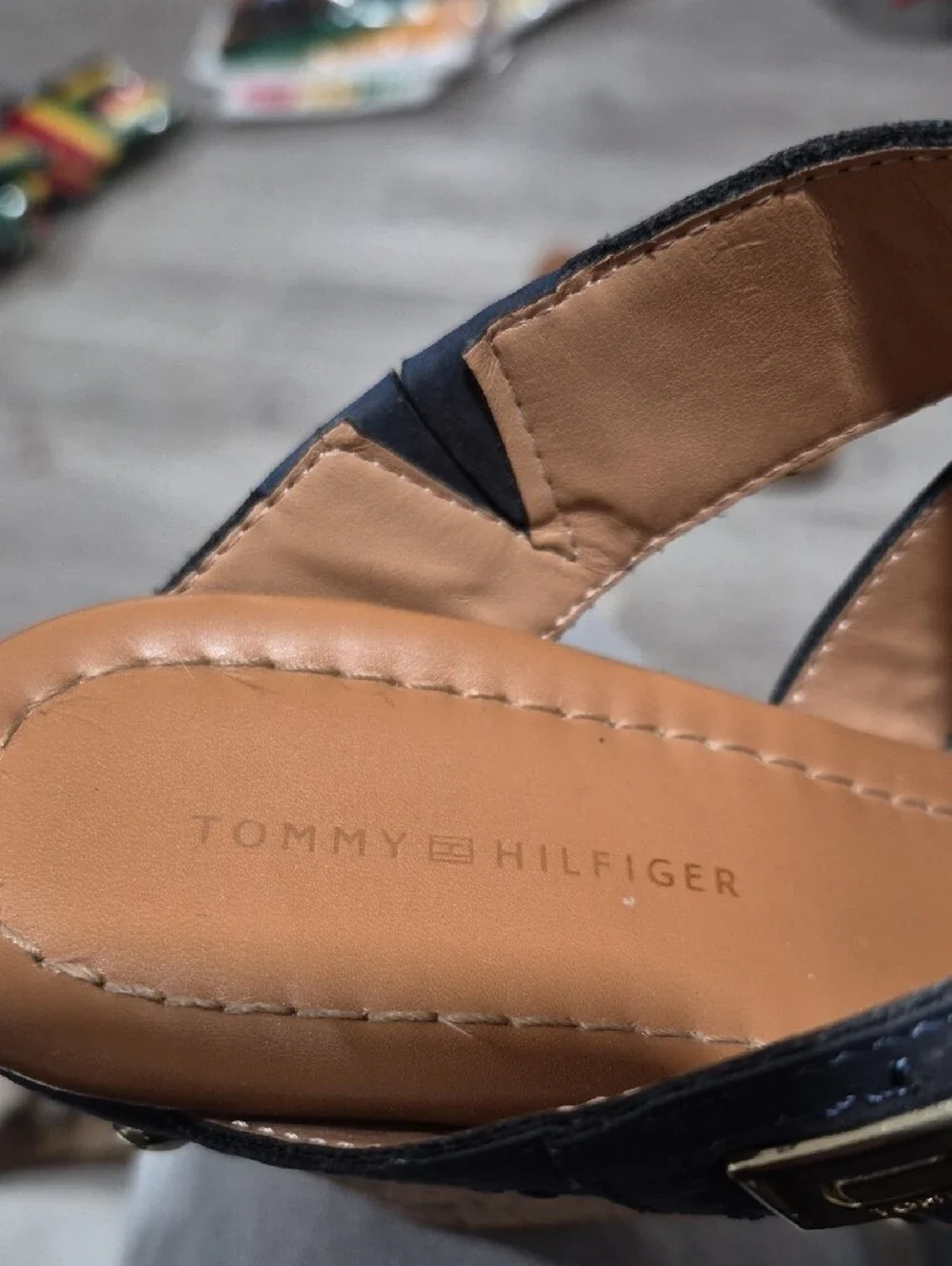 Tommy Hilfiger Navy and Tan Cork-Look Wedge Sandals